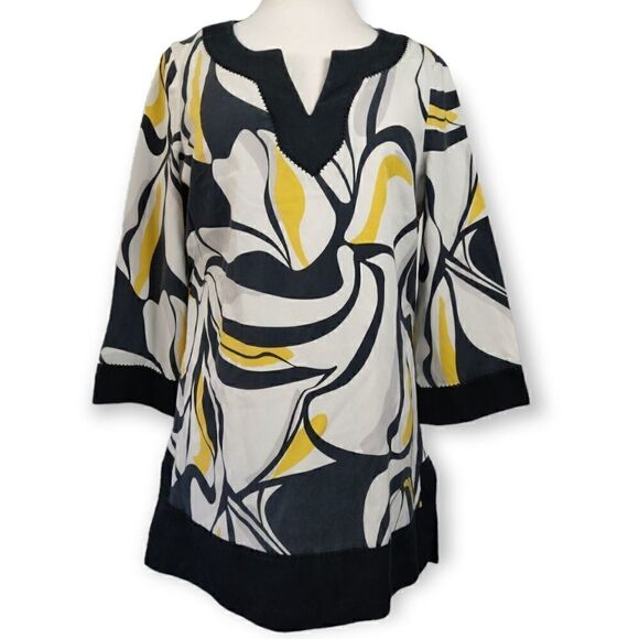 😍 TESORI SILK COTTON ABSTRACT YELLOW BLACK GRAY PRINT 3/4 SLEEVE TUNIC TOP SZ M - Picture 2 of 8
